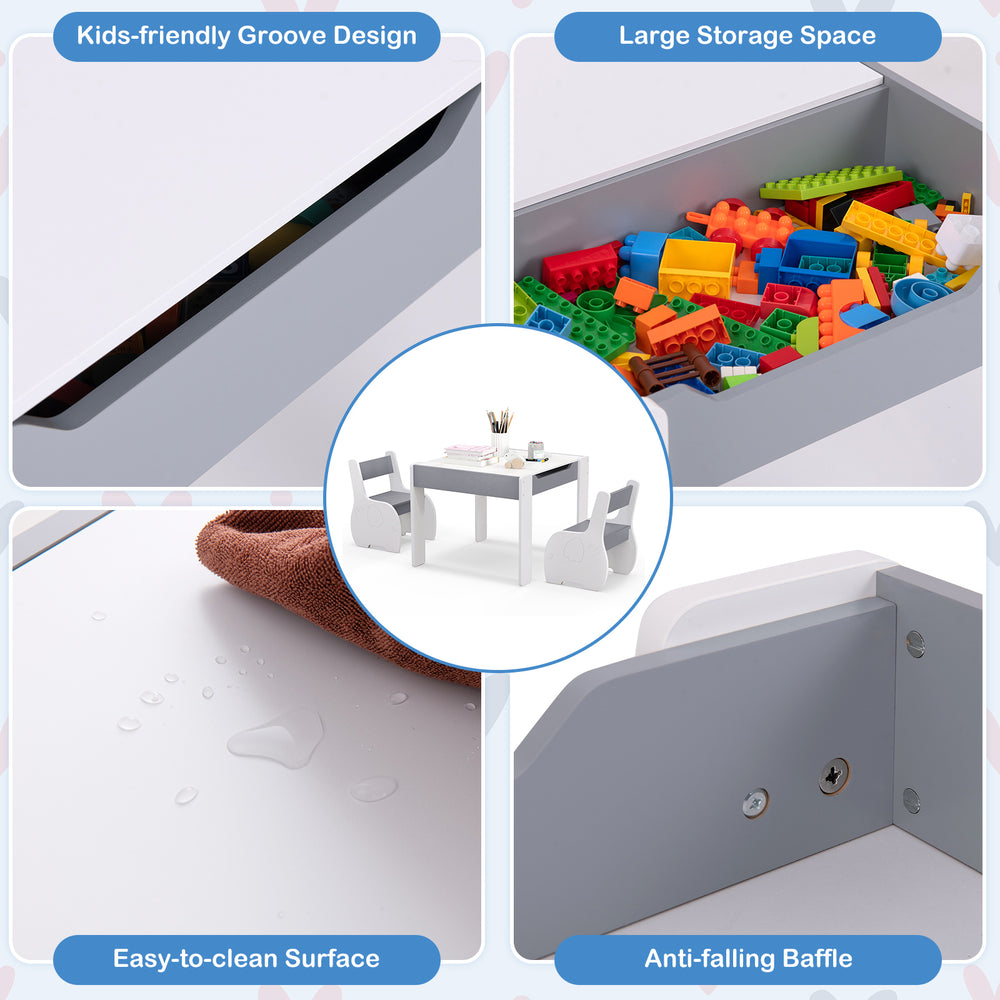 Kids activity table with gray finish, large storage space, and detachable blackboard for versatile play and learning.