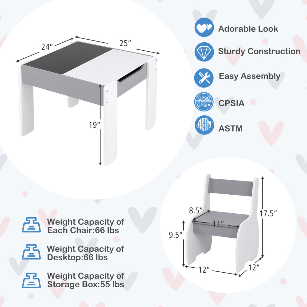 4-in-1 wooden activity kids table with detachable blackboard, gray finish, perfect for playrooms and easy assembly.