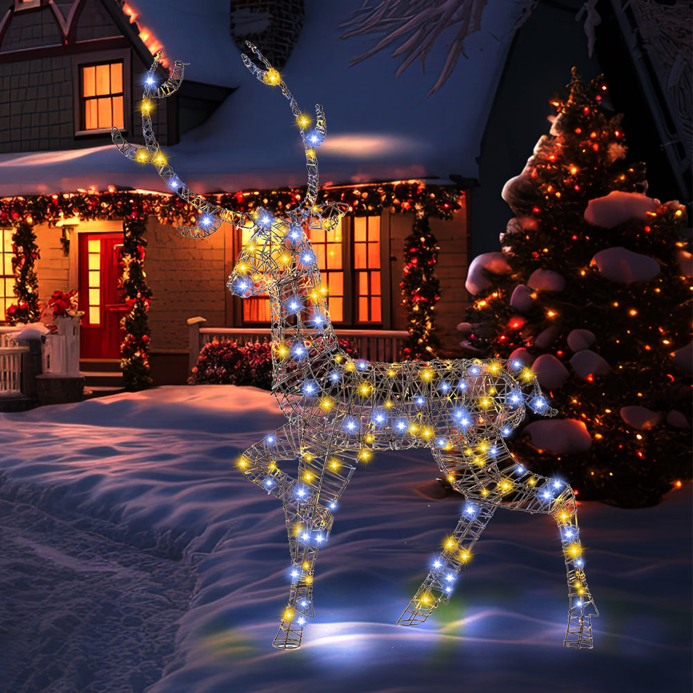 Pre-lit 4.6 feet Christmas reindeer with 170 LED lights, featuring a durable metal frame for outdoor holiday decoration.