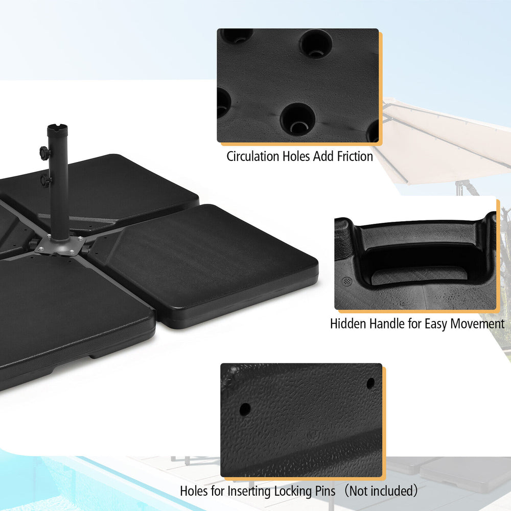 Close-up of the 4-piece patio umbrella base showing circulation holes, hidden handle, and easy-fill spouts for.