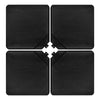 Four black patio umbrella base plates made of durable HDPE, designed for easy filling and stacking for convenient.