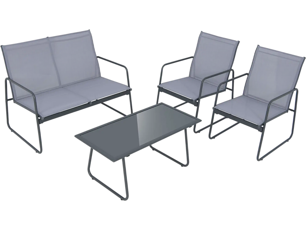 4 Pieces of Metal Patio Furniture Chat Set with Tempered Glass Coffee Table