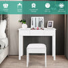Vanity makeup dressing table set in white with flip top mirror, cushioned stool, and ample storage for cosmetics.