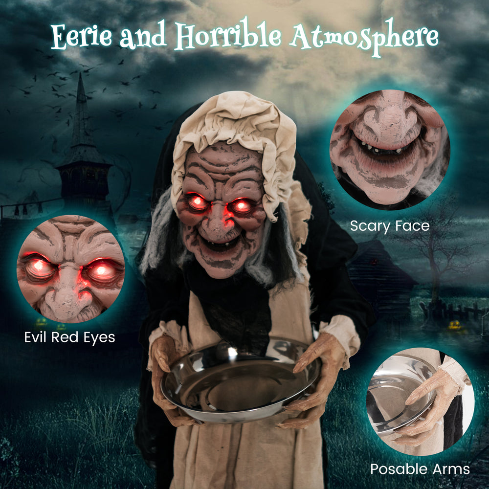 Life-size animated old lady with red eyes and posable arms, perfect for Halloween decor and spooky gatherings.