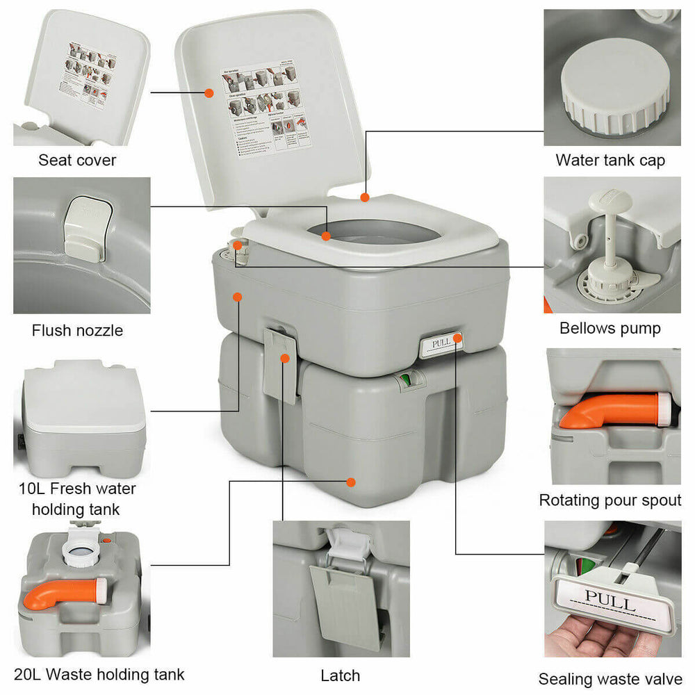 Portable 5.3-gallon travel toilet with piston pump flush, featuring a rugged design and leak-proof high-density.