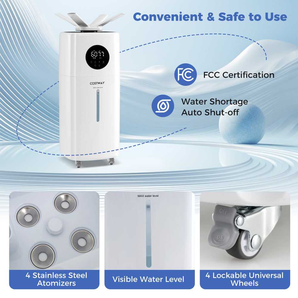 5.5Gal humidifier with 360° nozzles, stainless steel atomizers, and lockable wheels for large room comfort.