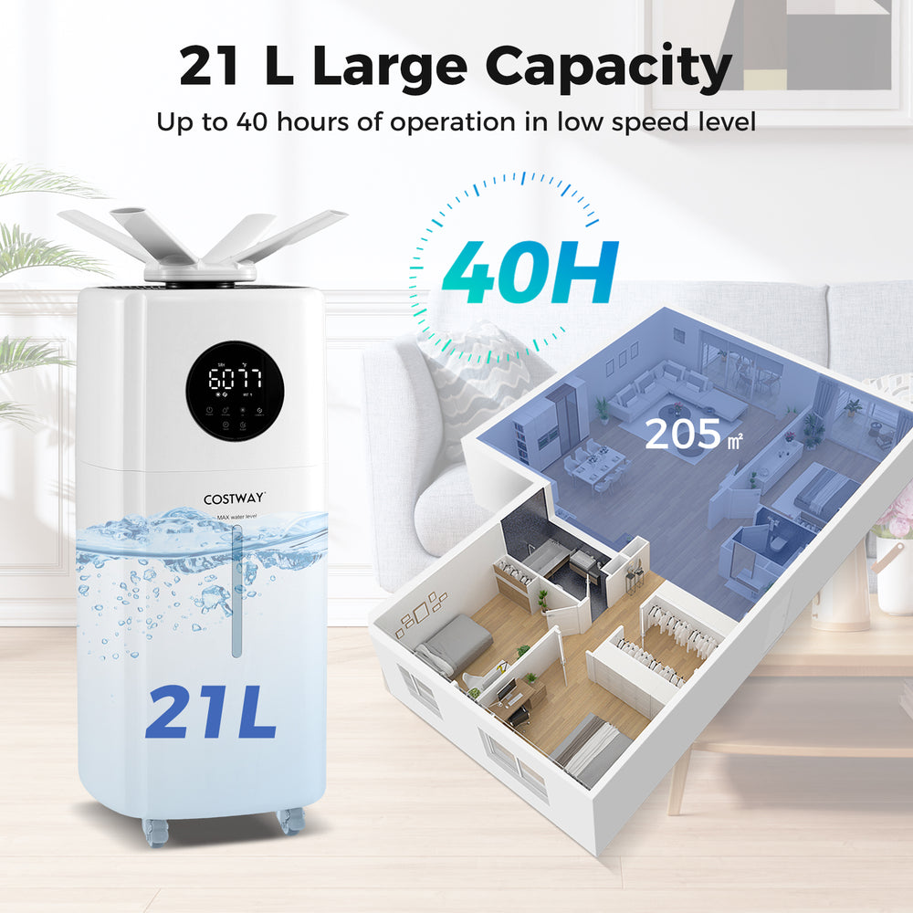 Large 21L humidifier with 360° nozzles and wheels, ideal for rooms up to 2000 sq.ft, featuring a touch panel and remote.