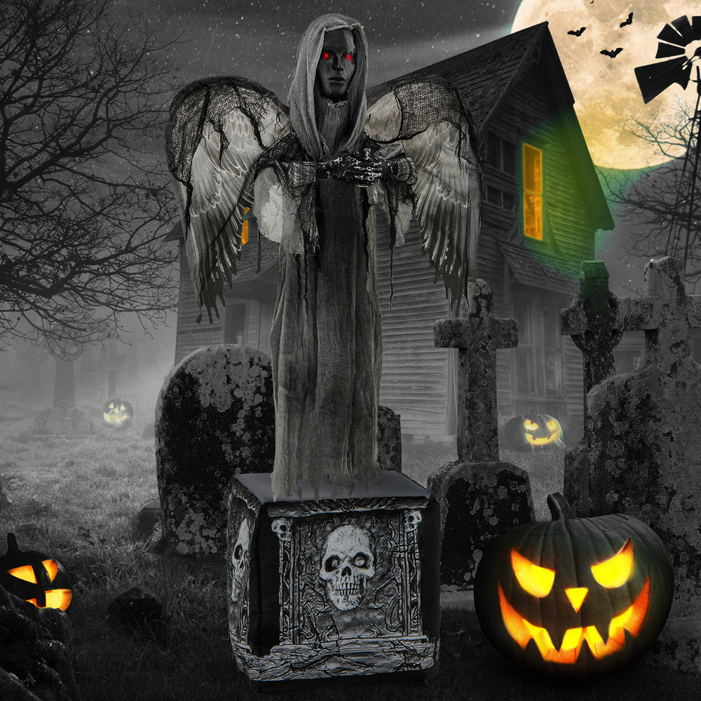 Life-sized 5.5ft Halloween animatronic decoration with light-up eyes, shaking wings, and spooky skull base for eerie.