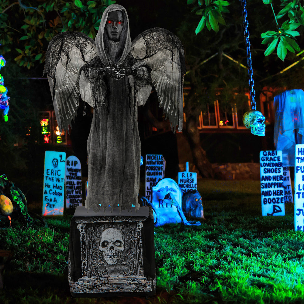 Life-sized 5.5ft Halloween animatronic decoration with light-up eyes, shaking wings, and a spooky skull base for.