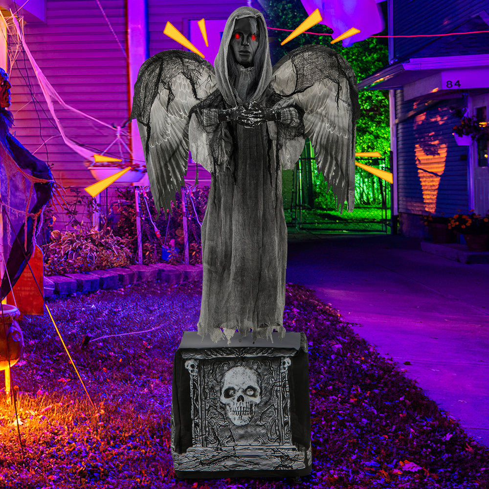 5.5ft Halloween animatronic decoration with shaking wings, light-up eyes, and creepy skull base for a frightful.