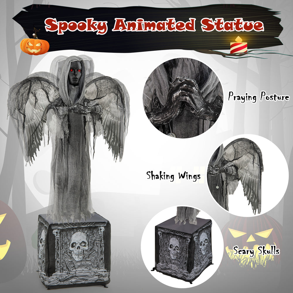 Life-sized Halloween animatronic statue with light-up eyes, shaking wings, and a stable base featuring scary skulls.