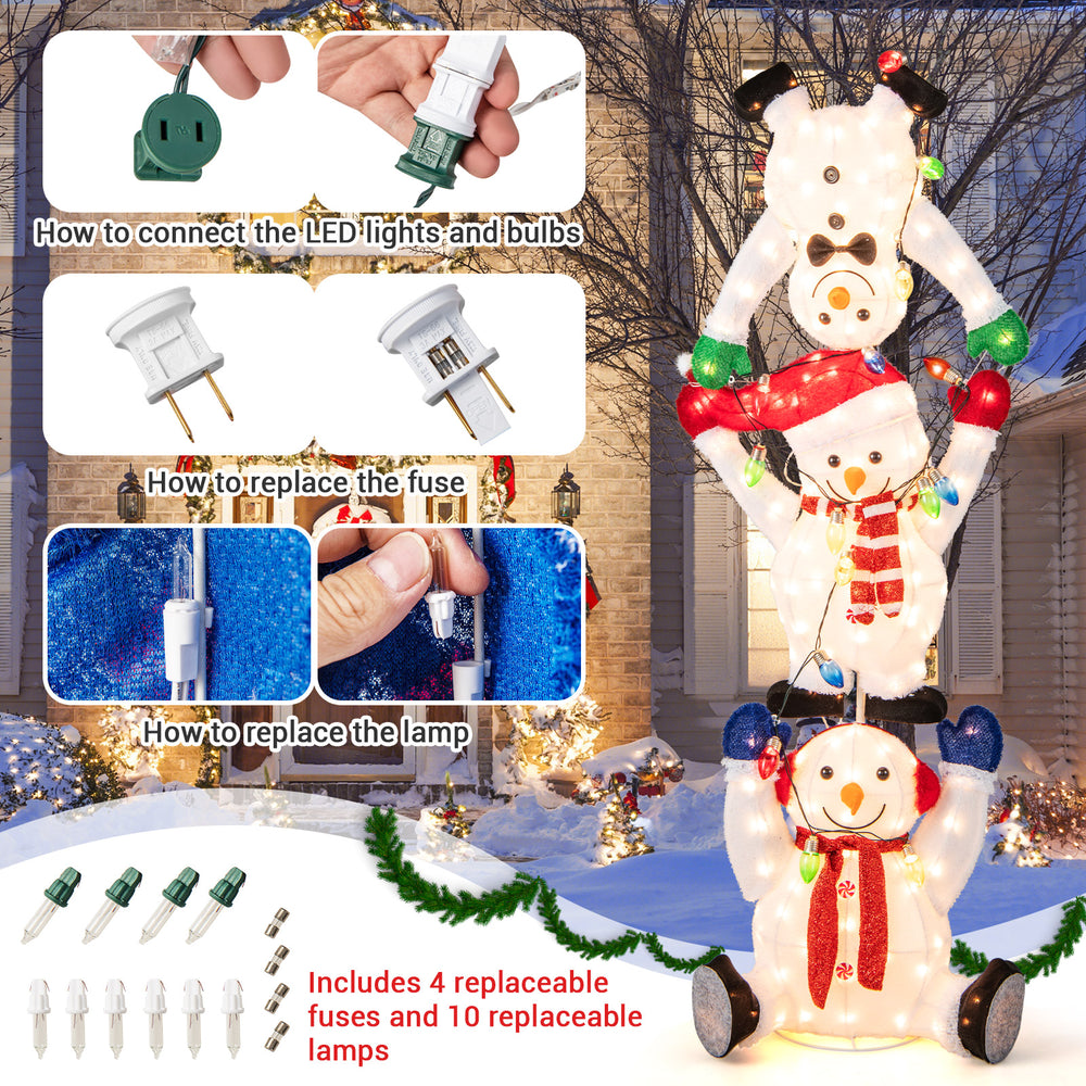 Stacked snowmen Christmas decoration with 150 LED lights, extra fuses, and colorful lighting for indoor or outdoor use.