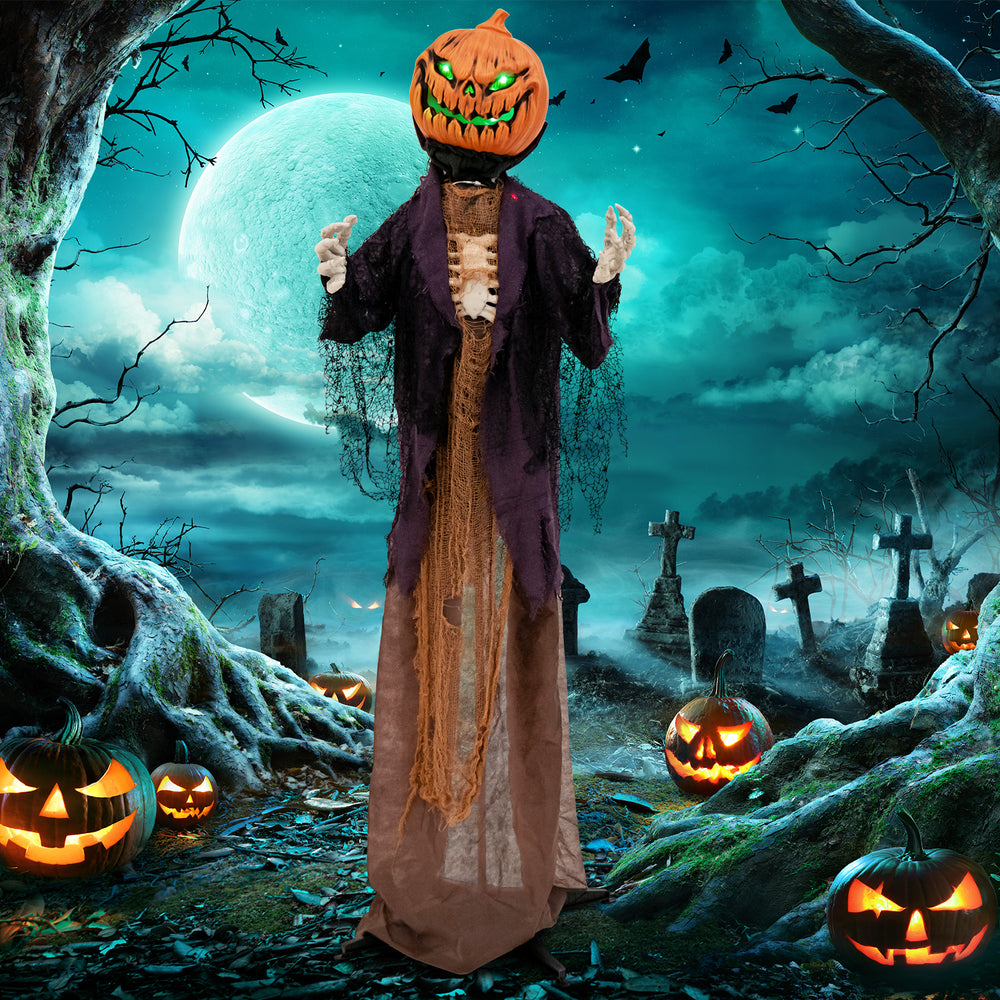5.6 feet Halloween animated pumpkin scarecrow with a lifelike design, perfect for haunted houses and spooky outdoor.