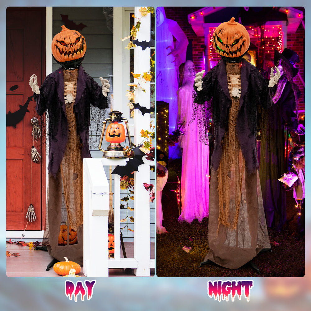 Animated 5.6 feet Halloween pumpkin scarecrow with posable arms and eerie green lights, perfect for indoor or outdoor.