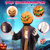 Animated 5.6 feet Halloween pumpkin scarecrow with posable arms, glowing eyes, and eerie sounds for spooky decor.