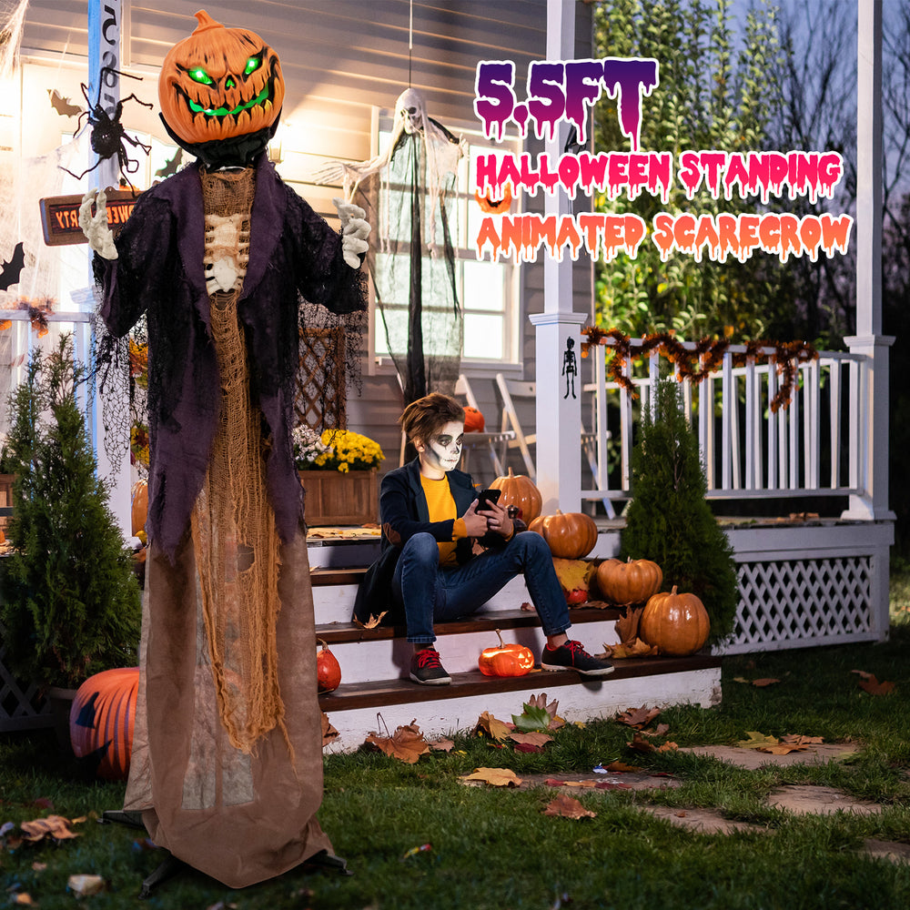 Animated 5.6 feet pumpkin scarecrow with posable arms, bright green lights, perfect for Halloween yard decorations.