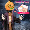 Animated 5.6 feet pumpkin scarecrow with posable arms, green lights, and sound activation for Halloween decor.