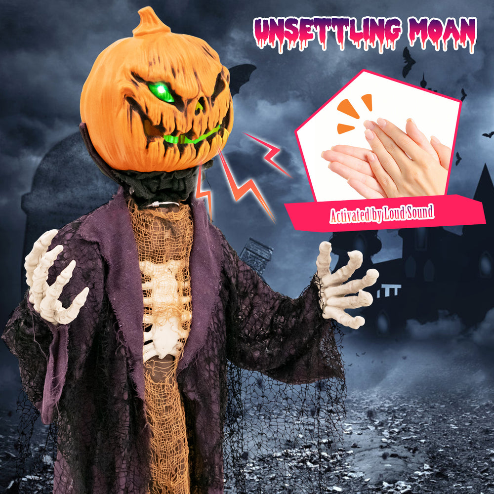 Animated 5.6 feet pumpkin scarecrow with posable arms, green lights, and sound activation for Halloween decor.
