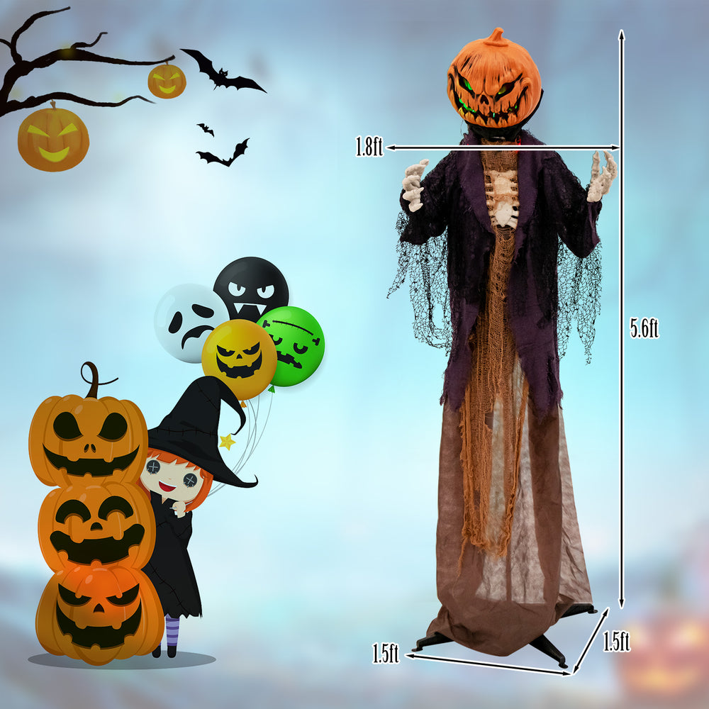 Animated 5.6 feet Halloween pumpkin scarecrow with posable arms, green lights, and sound sensor for spooky decor.