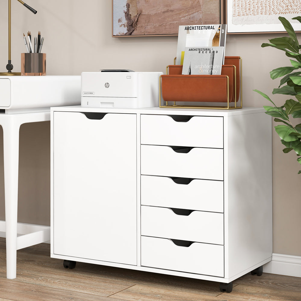 5-drawer mobile storage cabinet in white with a side door, perfect for office supplies and versatile placement.