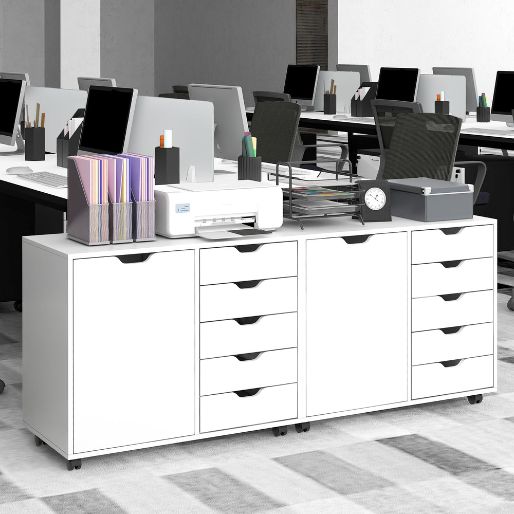 Mobile storage cabinet in white with 5 drawers and side cabinet, ideal for office organization and printer placement.