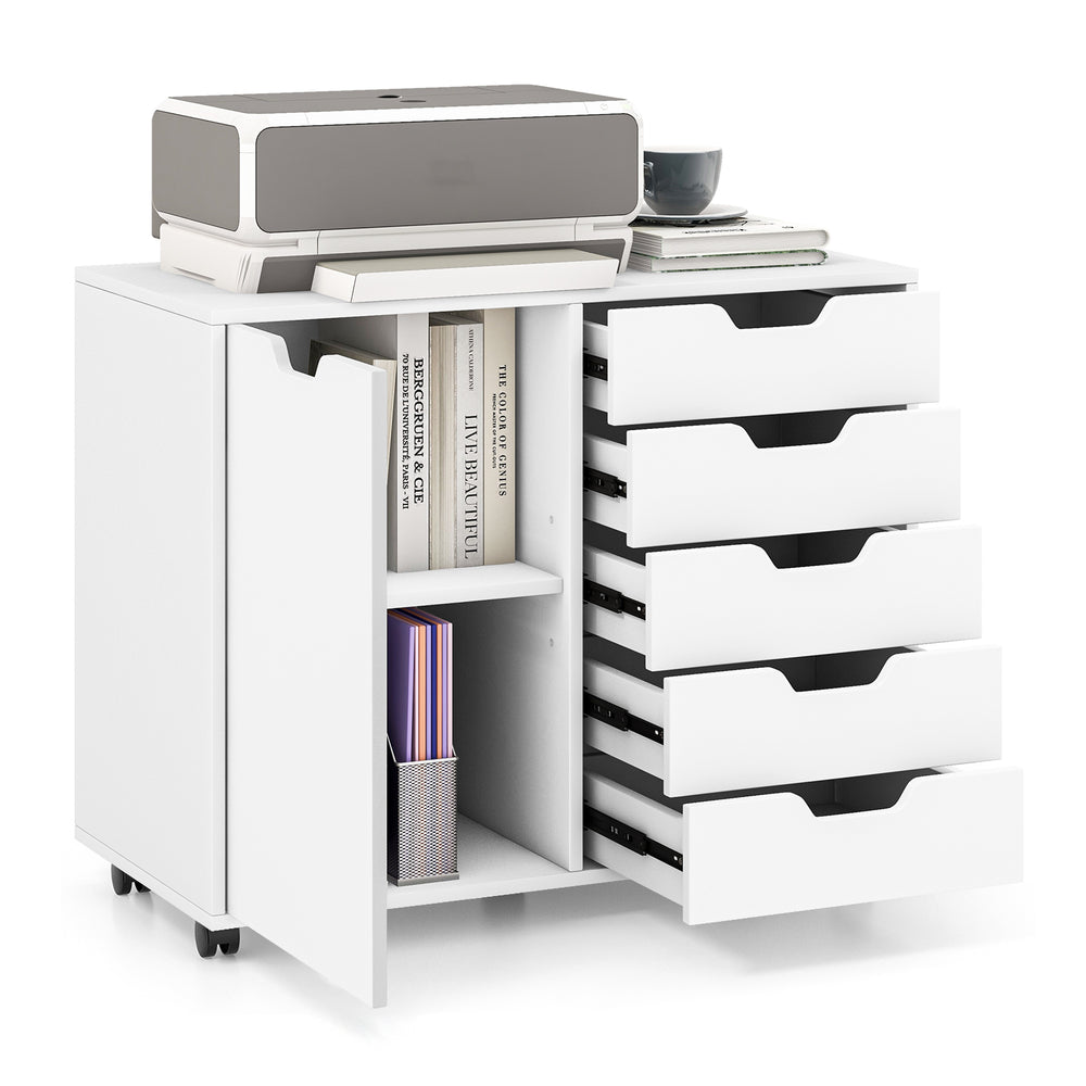 5-drawer mobile storage cabinet in white with spacious top, ideal for office supplies and versatile room use.