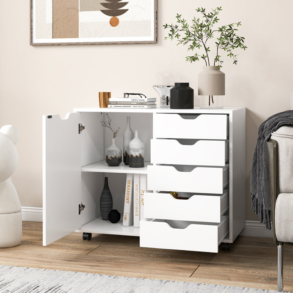 5-drawer mobile storage cabinet in white with side door, ideal for organizing office supplies and home essentials.