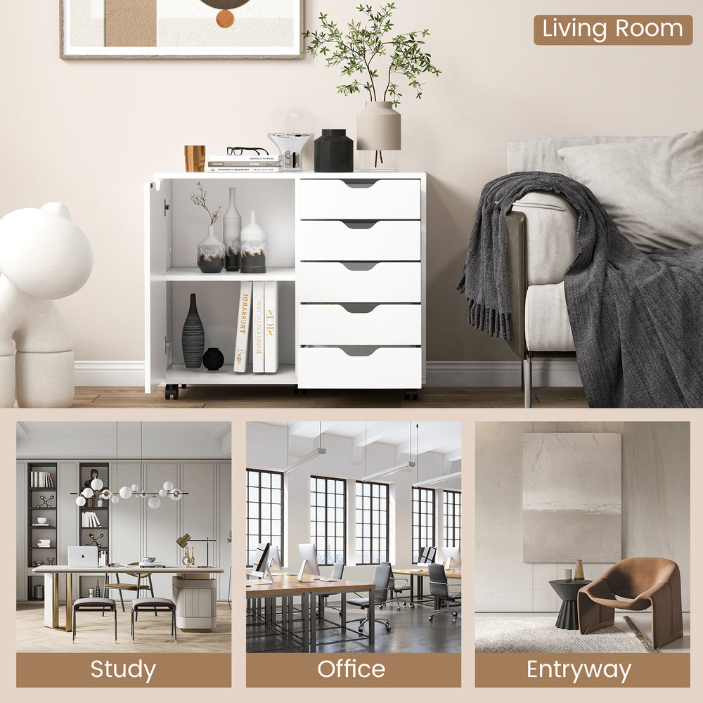 5-drawer mobile storage cabinet in white with spacious top, ideal for office or living room organization.