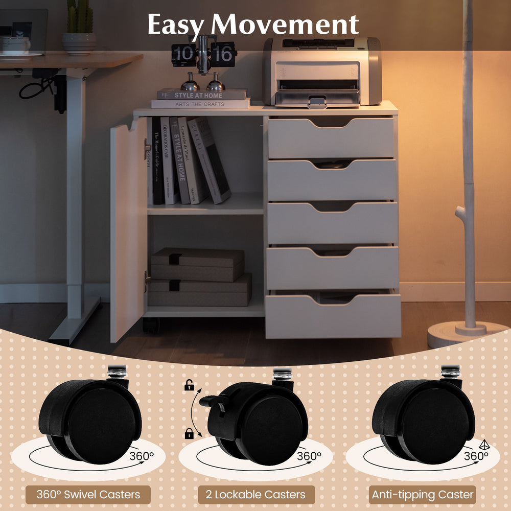 5-drawer mobile storage cabinet in white with 360° swivel casters, ideal for office or home organization.