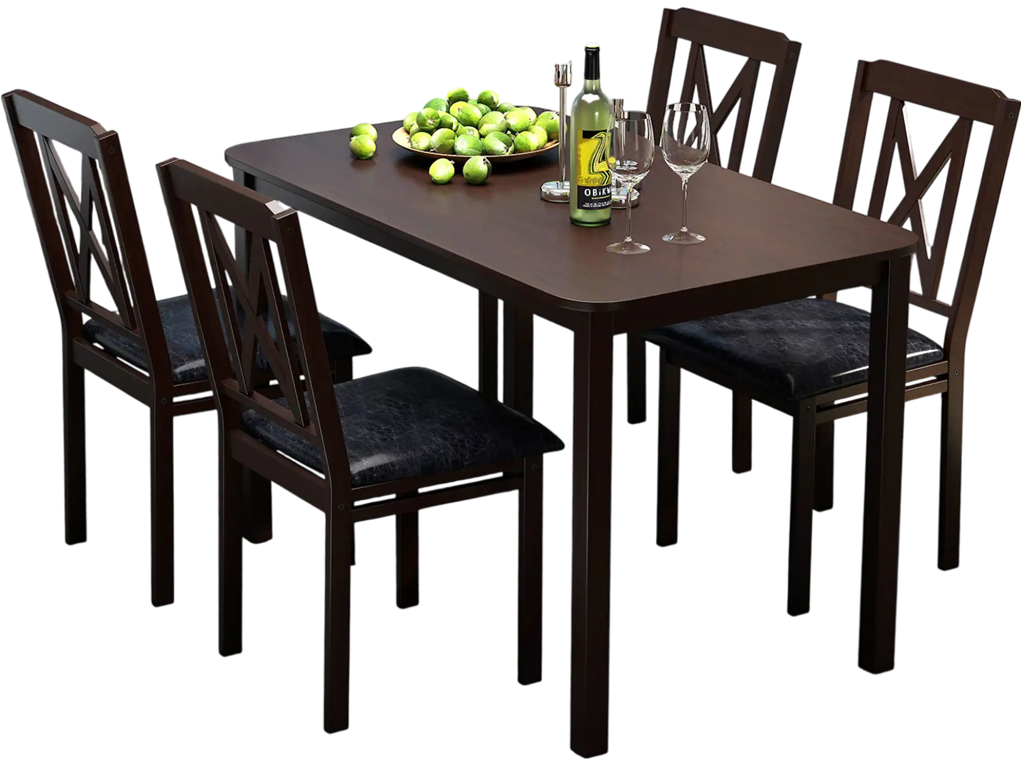 Costway 5-Piece Dining Table Set Wide Tabletop Rubber Wood Legs Black 564982713 New