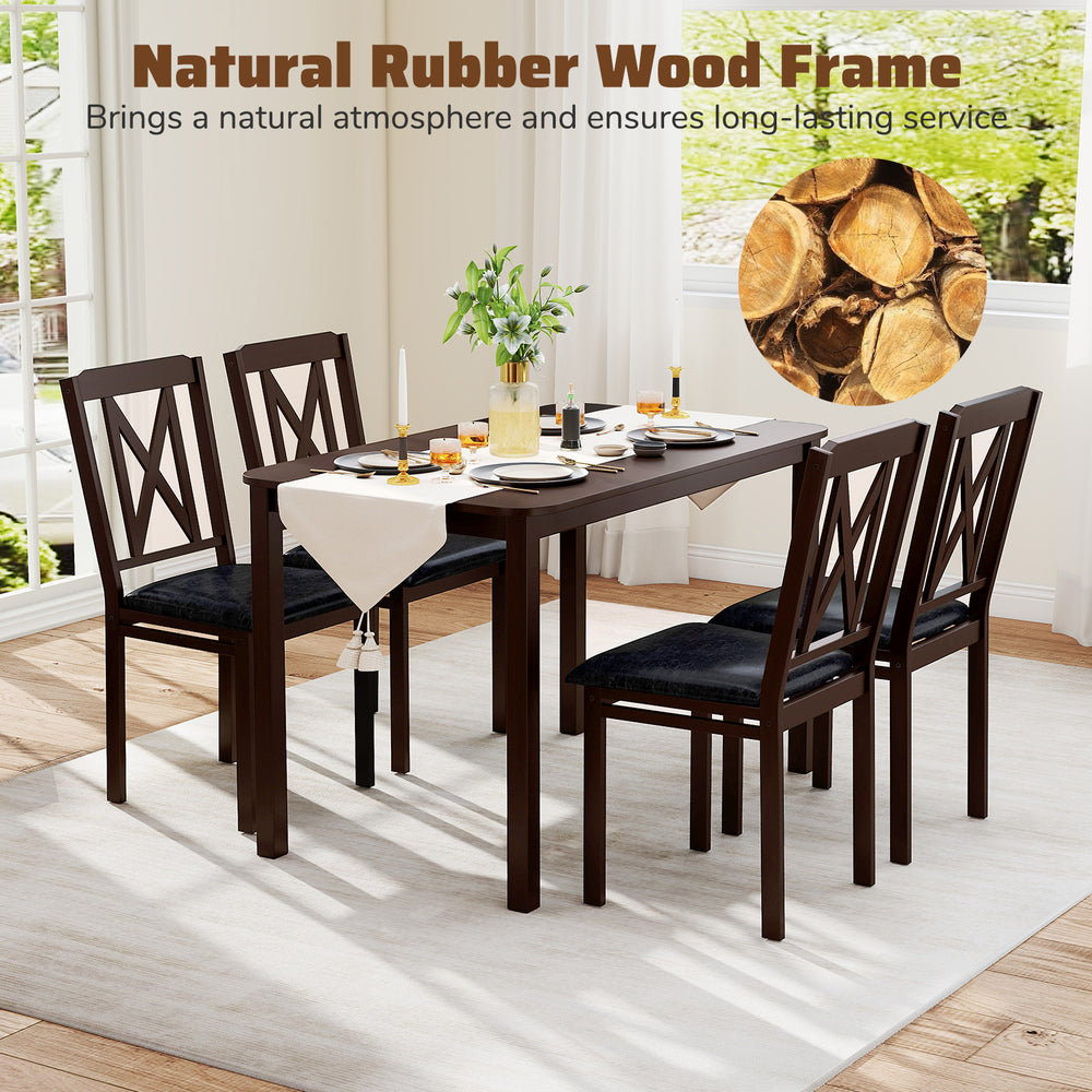 5-piece dining table set featuring a solid rubber wood frame and padded PU leather seats, perfect for elegant dining.