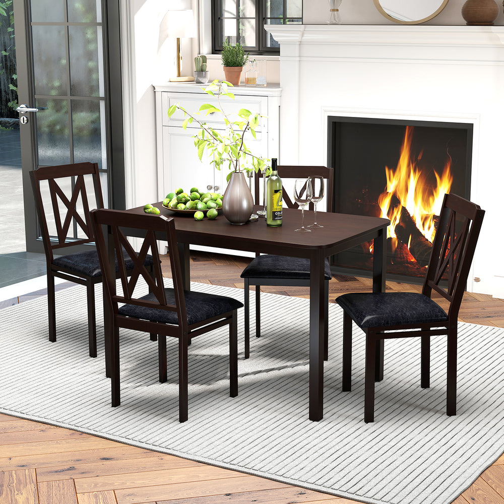 5-piece dining table set featuring a solid rubber wood frame and padded PU leather chairs, perfect for elegant dining.