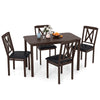 5-piece dining table set with black rubber wood legs, featuring a wide tabletop and padded PU leather chairs for.