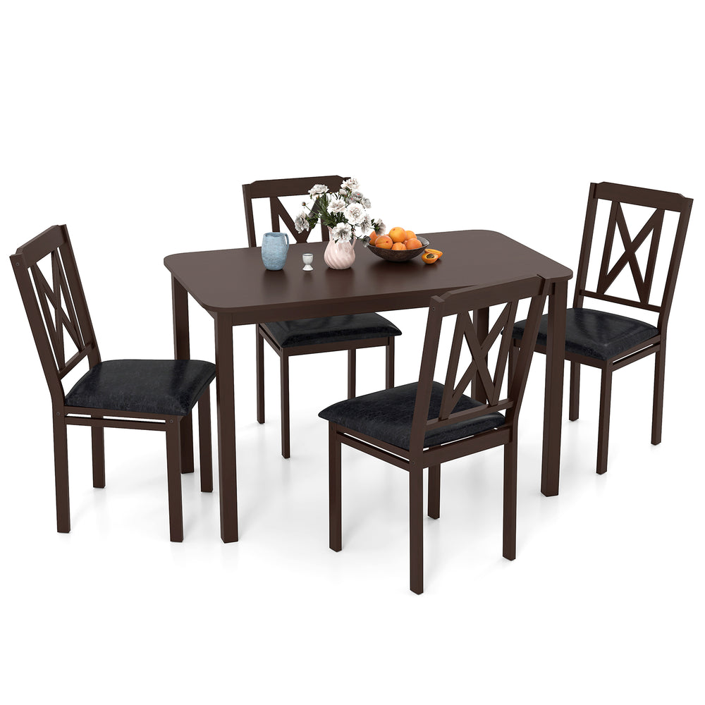 5-piece dining table set with black rubber wood legs, featuring a wide tabletop and padded PU leather chairs for.