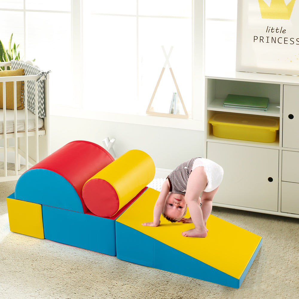 Colorful 5-piece kids climb and crawl playset with soft EPE foam, promoting motor skills and balance for home or.