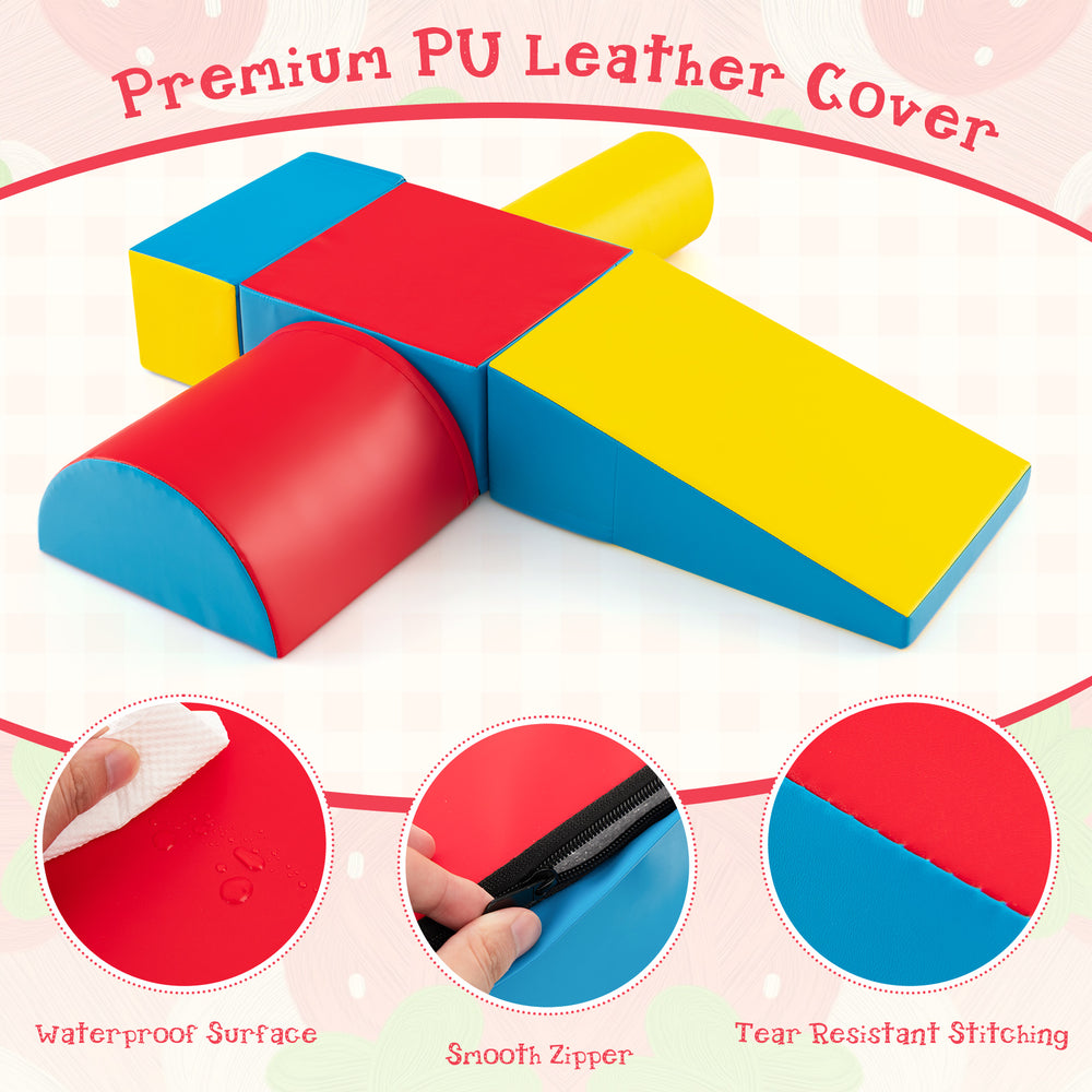 Colorful 5-piece kids climb and crawl playset with waterproof PU cover, promoting motor skills and balance for indoor.
