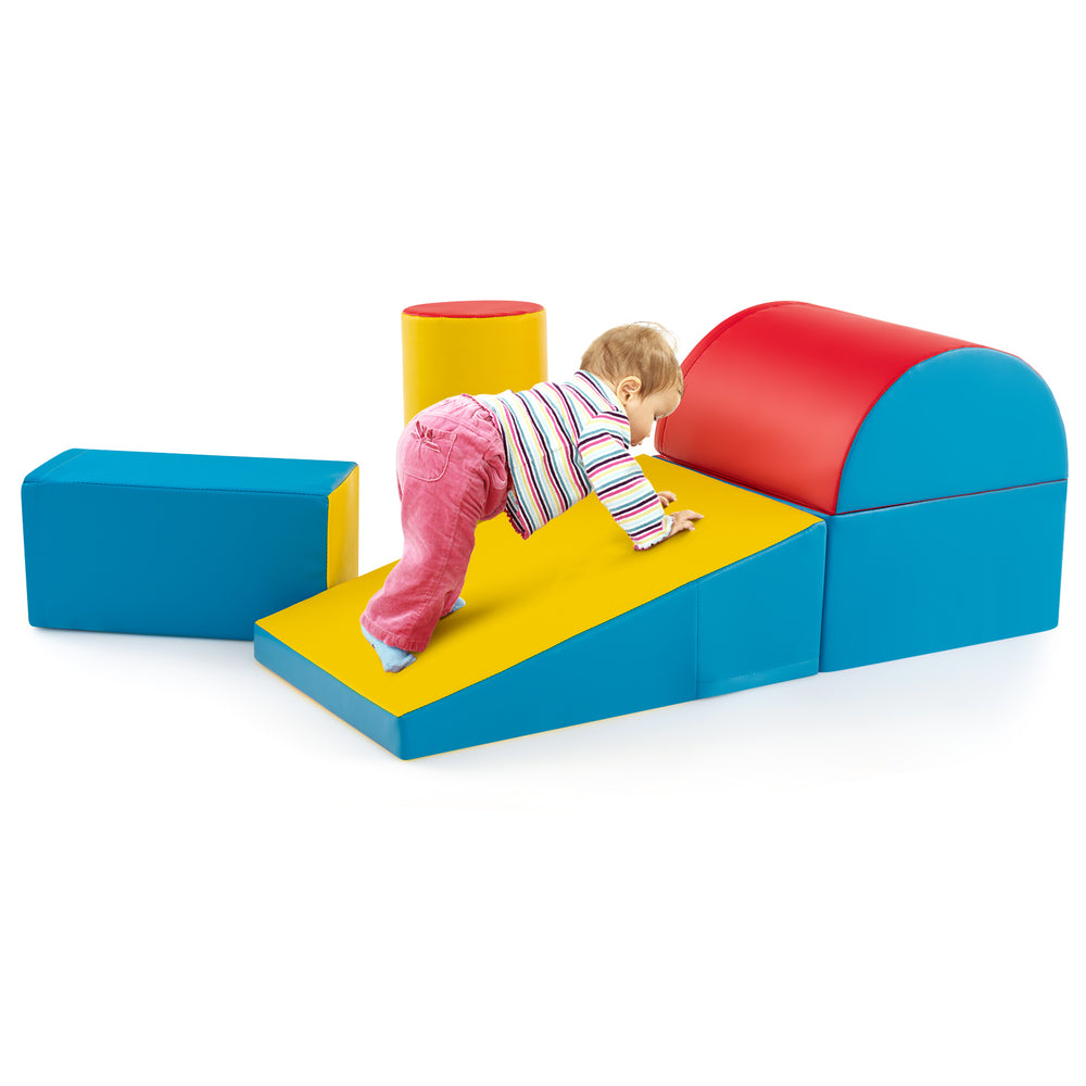 Colorful 5-piece kids climb and crawl playset with soft EPE foam, promoting motor skills and balance for toddlers.