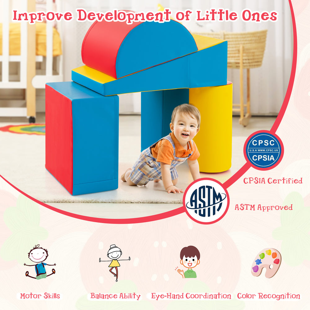 Colorful 5-piece kids climb and crawl playset made of soft EPE foam, promoting motor skills and coordination for.