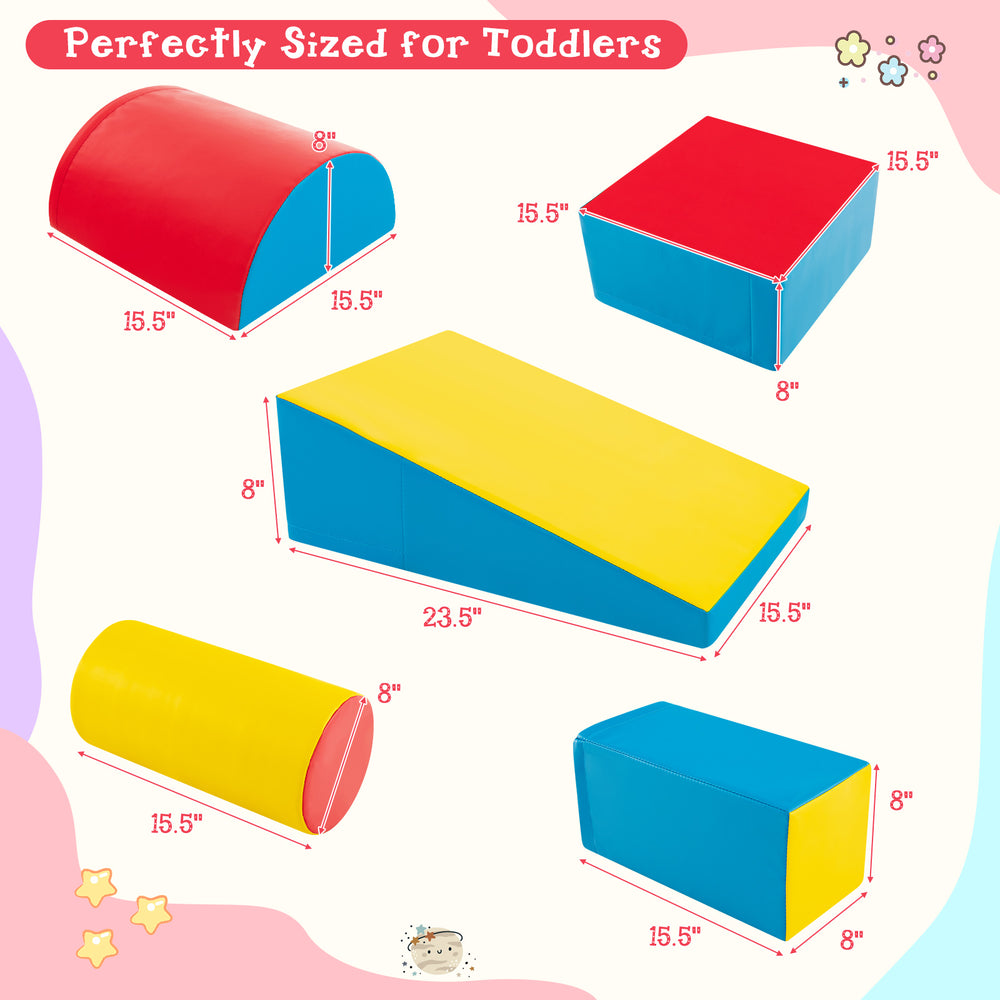 Colorful 5-piece kids climb and crawl playset with soft foam blocks for toddlers, promoting motor skills and balance.