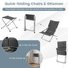 Folding lounge chair set in gray with footrests and coffee table, ideal for patio or garden relaxation.