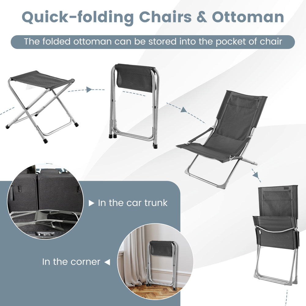 Folding lounge chair set in gray with footrests and coffee table, ideal for patio or garden relaxation.