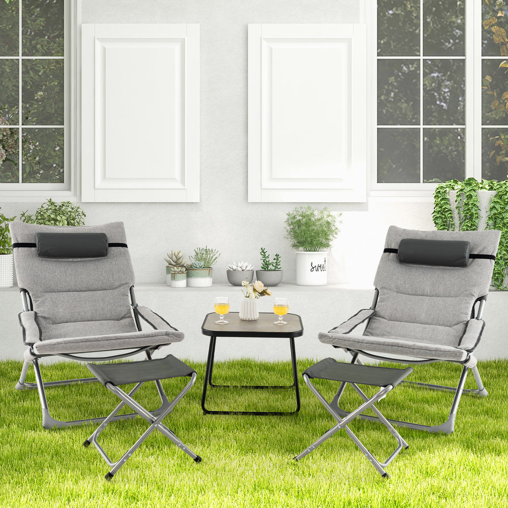 Gray 5-piece patio sling chair set with folding lounge chairs, footrests, and coffee table for outdoor relaxation.