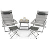 5-piece gray patio sling chair set with folding lounge chairs, footrests, and a coffee table for outdoor relaxation.