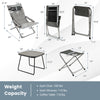 Folding lounge chair set with gray cushions, includes two chairs, footrests, and coffee table for patio use.