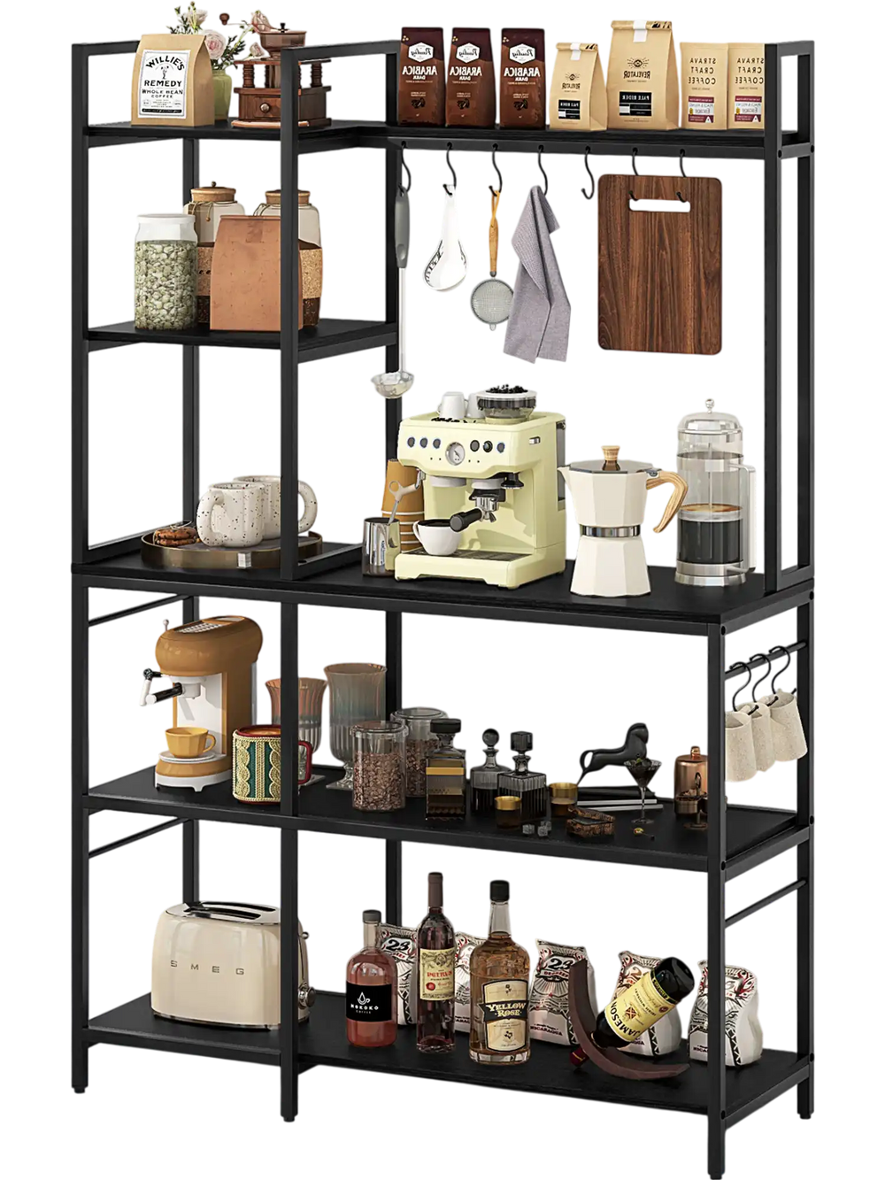 5-tier black bakers rack with power outlets, S-shaped hooks, and spacious shelves for kitchen organization.