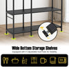 5-tier black bakers rack featuring wide bottom storage shelves, adjustable foot pads, and 10 S-shaped hooks for kitchen.