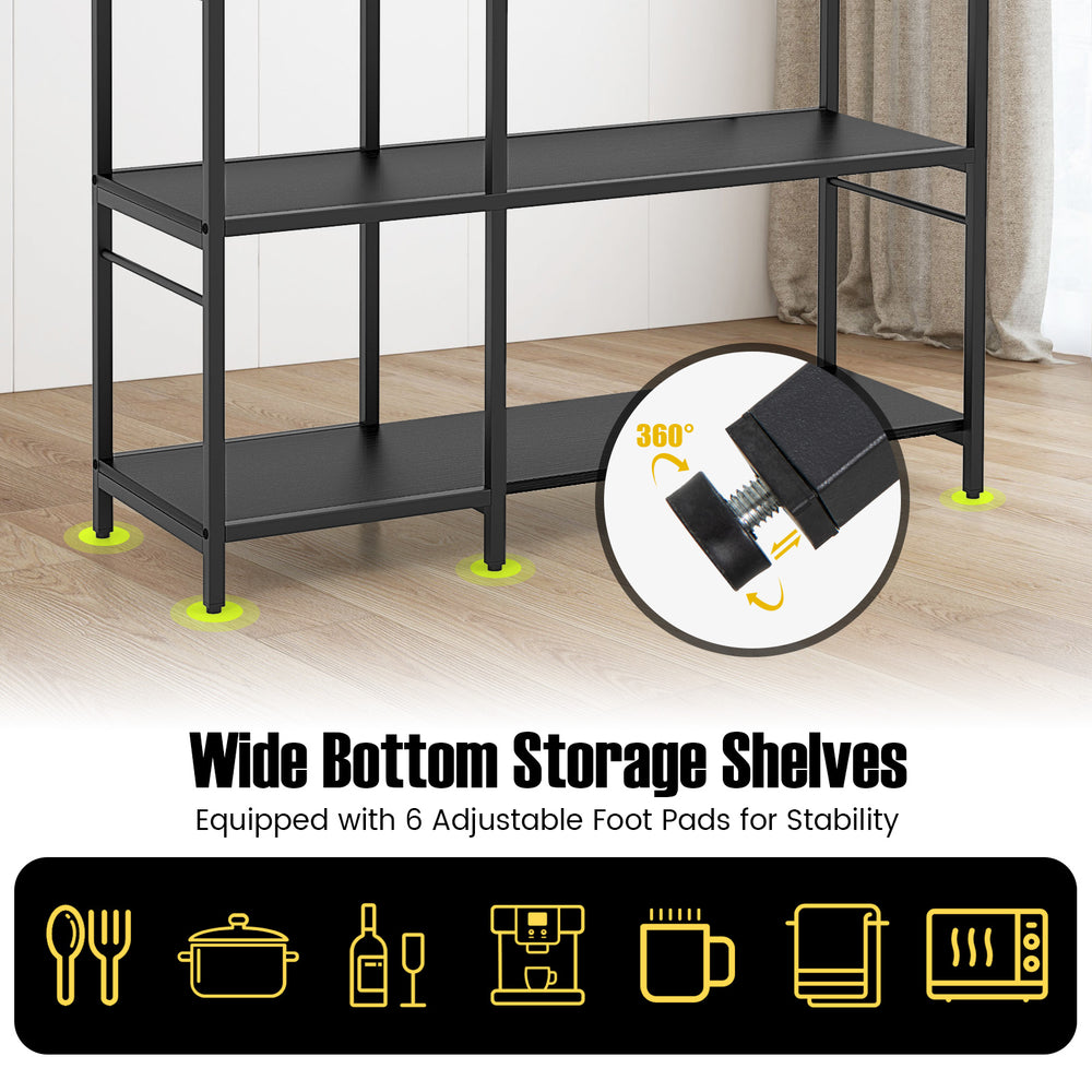 5-tier black bakers rack featuring wide bottom storage shelves, adjustable foot pads, and 10 S-shaped hooks for kitchen.
