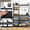 5-tier black bakers rack featuring sturdy frame, easy-to-clean surfaces, and 10 S-shaped hooks for kitchen organization.