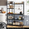 5-tier black bakers rack with power outlets, S-shaped hooks, and spacious shelves for organized kitchen storage.