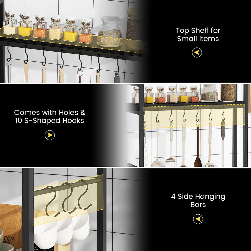 5-Tier black bakers rack featuring a top shelf for small items and 10 S-shaped hooks for versatile storage.